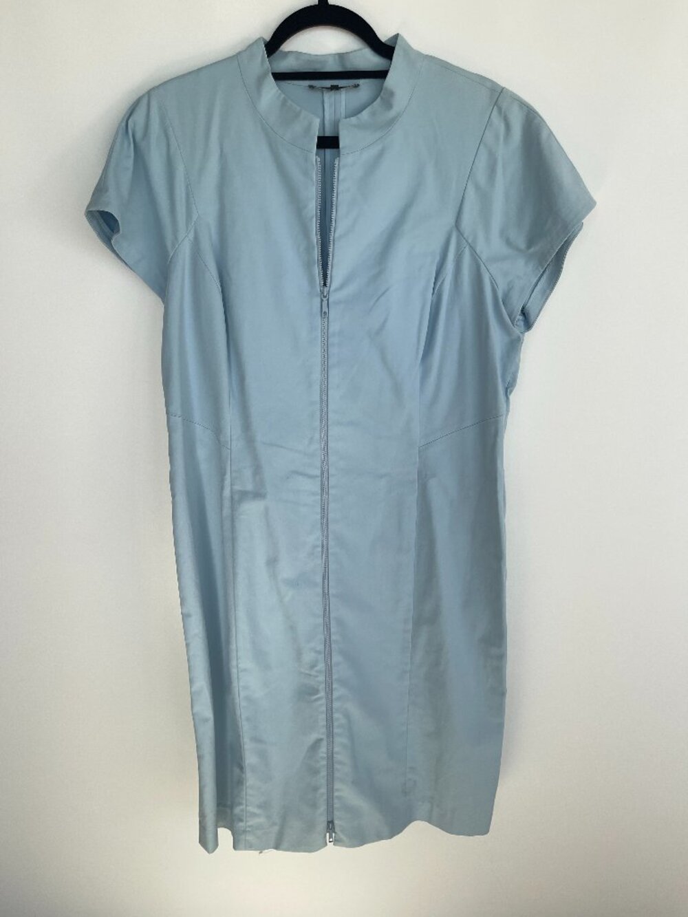 Lafayette 148 New York Powder Blue Zip Front Sheath Dress Cap Sleeve Stretch 16